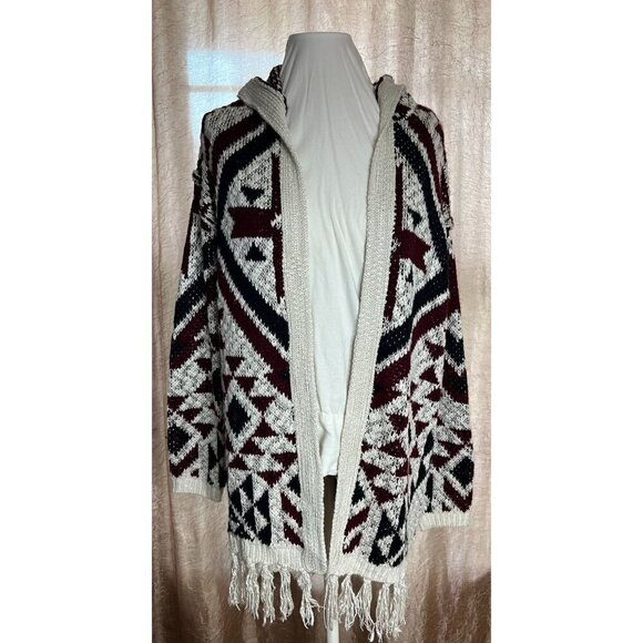 Vintage Aztec Knit Hooded Cardigan Open Front Sweater With Fringe Trim Boho Styl - Picture 1 of 11
